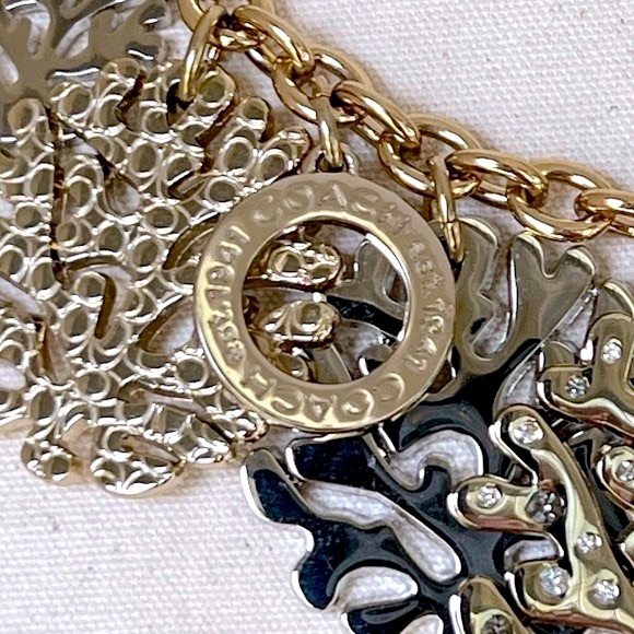 NWOT Coach Tri-Color Pave Coral Multi Disk Statement Necklace - Picture 7 of 14